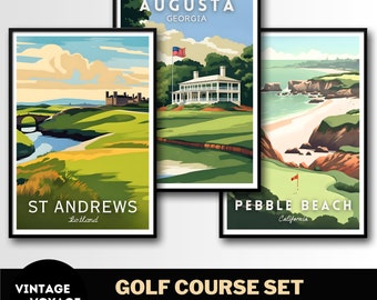 Conjunto de impresiones de golf, Augusta, Pebble Beach, St Andrews, carteles de campos de golf, arte de pared de golf, descarga digital, paquete de carteles de campos de golf