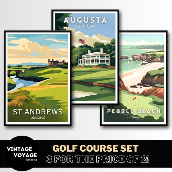 Conjunto de impresiones de golf, Augusta, Pebble Beach, St Andrews, carteles de campos de golf, arte de pared de golf, descarga digital, paquete de carteles de campos de golf