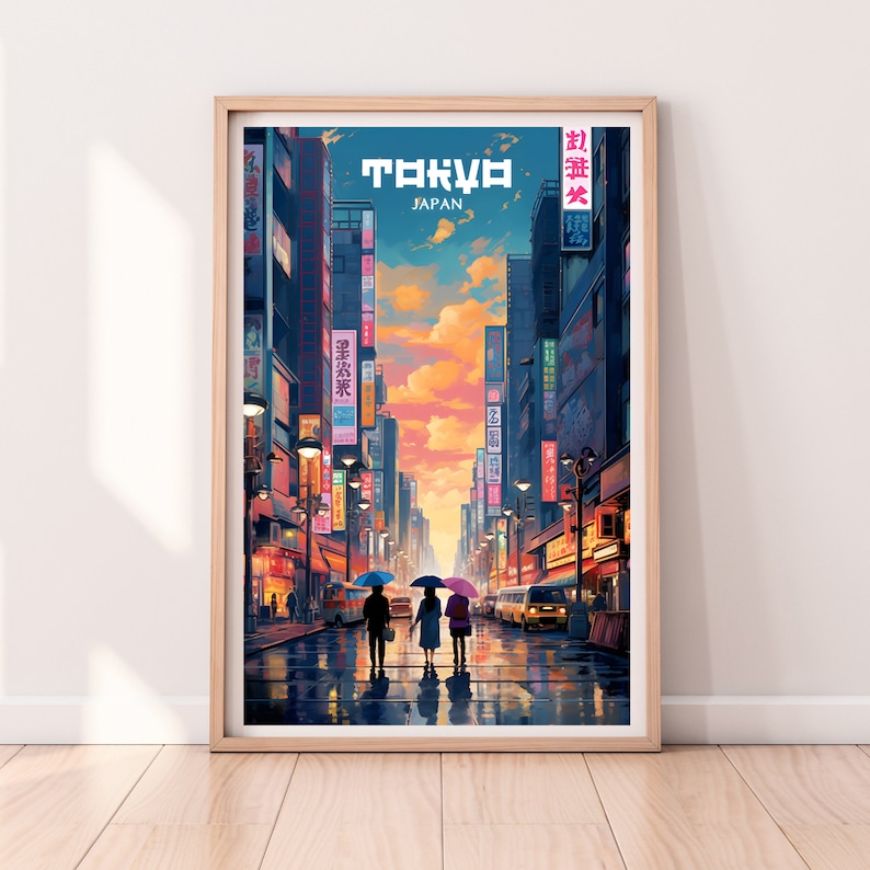 May include: A retro-style poster with a cityscape of Tokyo, Japan. The poster features a vibrant sunset sky, tall buildings, and three people walking down a street with umbrellas. The text "TOKYO JAPAN" is displayed at the top of the poster.