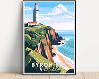 May include: A colourful illustration of a lighthouse on a cliff overlooking a beach with blue water. The text "BYRON BAY Australia" is at the bottom of the image.