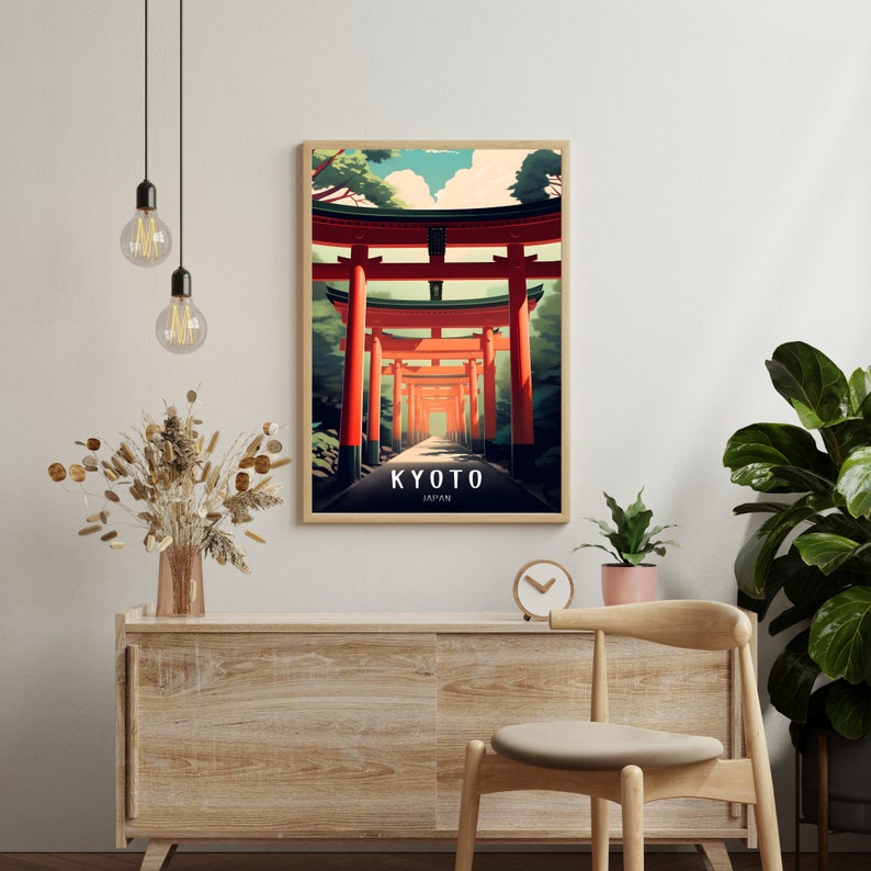 May include: A vintage travel poster with a red and white Japanese torii gate in a forest setting. The poster has the text "KYOTO JAPAN" at the bottom.
