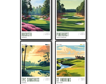 Golf course Print Set of 4, Augusta, Pinehurst, St Andrews, TPC Sawgrass, Golf course Posters, Golf Wall Art, golf course poster bundle