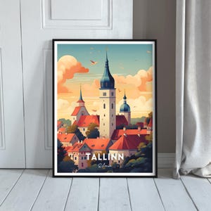 May include: A colorful illustration of the Tallinn skyline in Estonia. The illustration features a church with a tall spire and other buildings in the background. The text "TALLINN Estonia" is at the bottom of the illustration.
