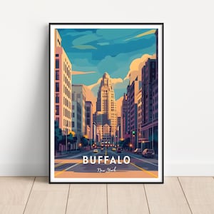 Può includere: Un'illustrazione colorata di una città con edifici alti, una strada e auto. Il testo "BUFFALO New York" è in basso nell'immagine.