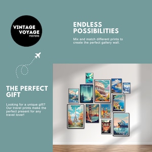 May include: A collection of vintage travel posters featuring iconic landmarks from around the world, including the Eiffel Tower, the Golden Gate Bridge, and the Sydney Opera House. The posters are arranged on a white wall in a gallery style, with the text "Endless Possibilities" and "Mix and match different prints to create the perfect gallery wall." above the posters.