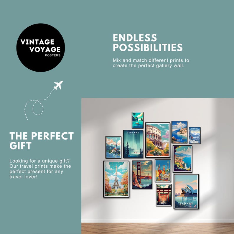 May include: A collection of vintage travel posters featuring iconic landmarks from around the world, including the Eiffel Tower, the Golden Gate Bridge, and the Sydney Opera House. The posters are arranged on a white wall in a gallery style, with the text "Endless Possibilities" and "Mix and match different prints to create the perfect gallery wall." above the posters.