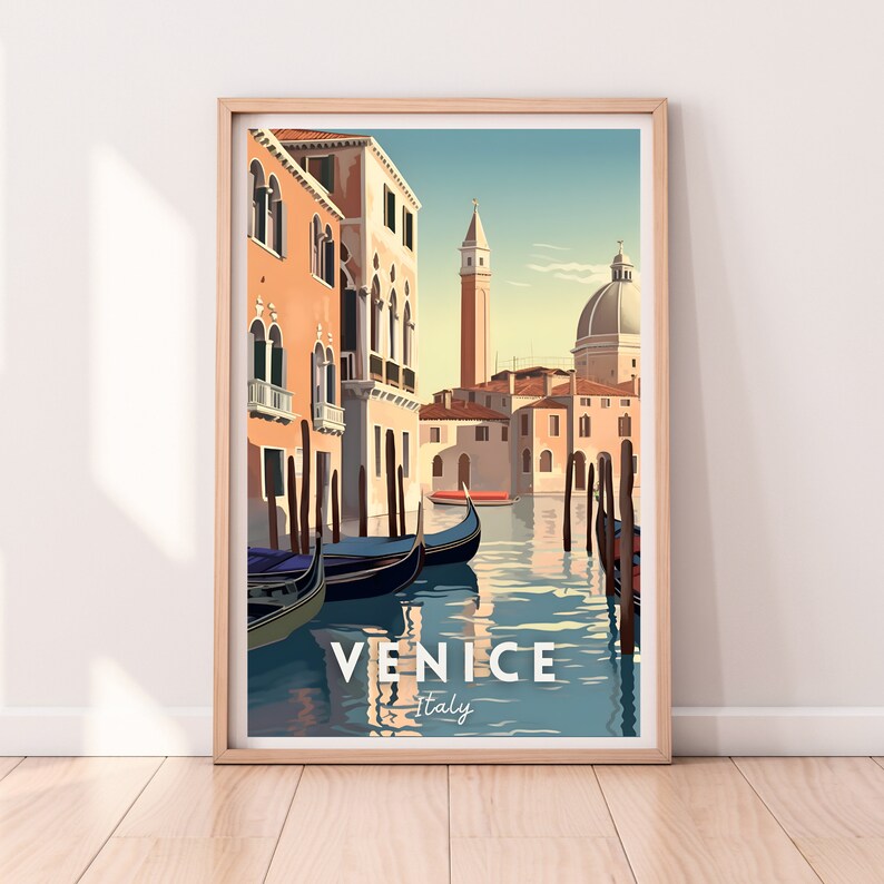 May include: A vintage travel poster featuring a colorful illustration of Venice, Italy. The poster depicts a canal with gondolas, buildings, and a church in the background. The text "VENICE Italy" is printed at the bottom of the poster.