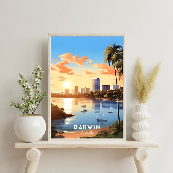 Darwin Australia Travel Poster, Sunset Cityscape Art (digital
