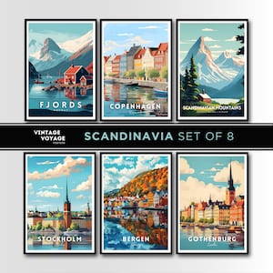 Ensemble de 6 affiches Scandinavie, ensemble d'impressions Scandinavie, art mural Scandinavie, cadeau, impression de Stockholm, Copenhague, Danemark, affiche de Norvège, fjords