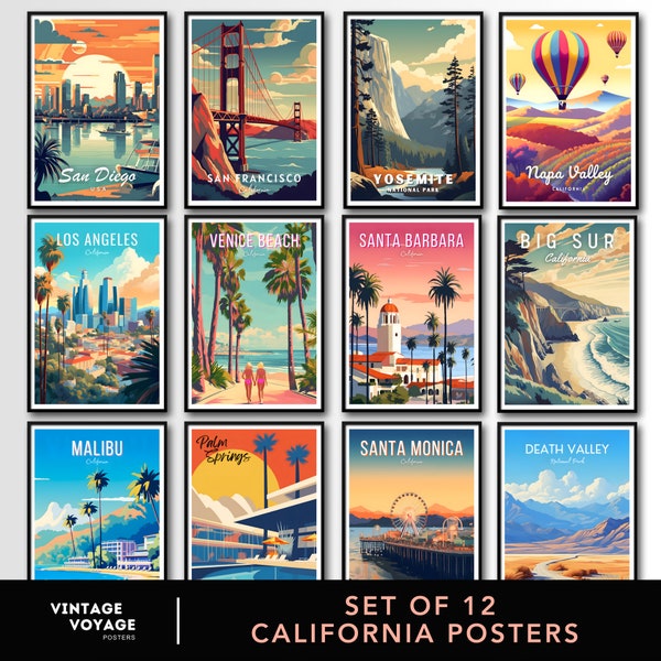 Set of 12 California Posters, California Wall Art set, Californian Poster set, Digital Download, California print set, San Francisco print