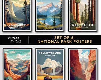 Conjunto de 6 carteles del Parque Nacional, conjunto de arte de la pared del Parque Nacional, conjunto de carteles del Parque Nacional de EE. UU., Descarga digital, conjunto de impresión del Parque Nacional