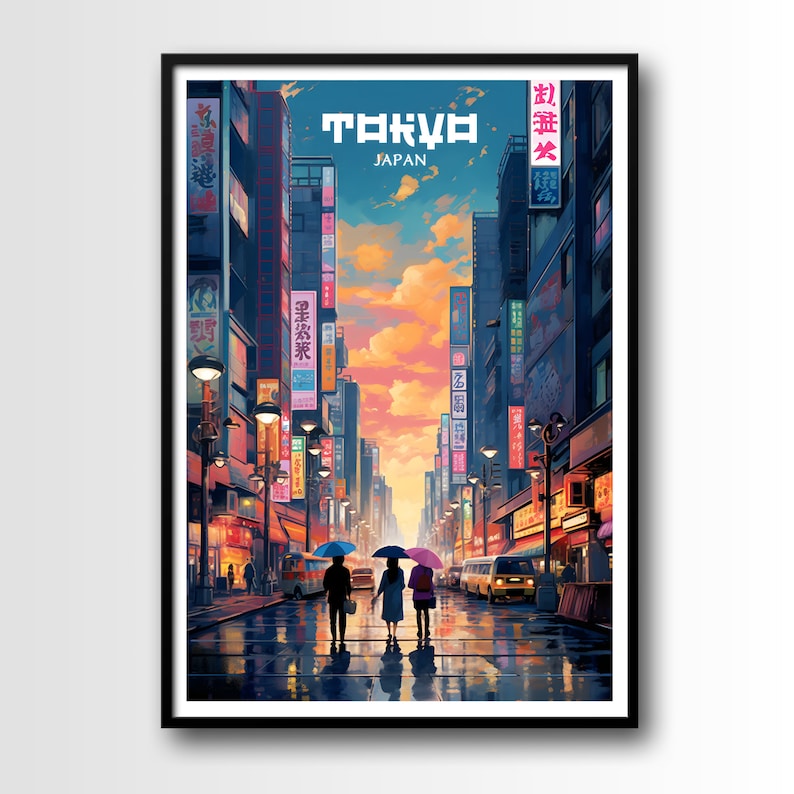 May include: A digital illustration of a street scene in Tokyo, Japan. The street is lined with tall buildings and neon signs. Three people are walking down the street, each holding an umbrella. The sky is a vibrant orange and pink.