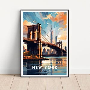 Póster de viaje de Nueva York, arte mural de Nueva York, impresión de Nueva York, descarga digital, arte mural de Nueva York imprimible, puente de Brooklyn, regalo de Nueva York
