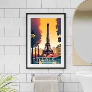 May include: A vintage-style poster featuring an illustration of the Eiffel Tower in Paris, France. The poster has a yellow, orange, and red color scheme and the text "PARIS" at the bottom.