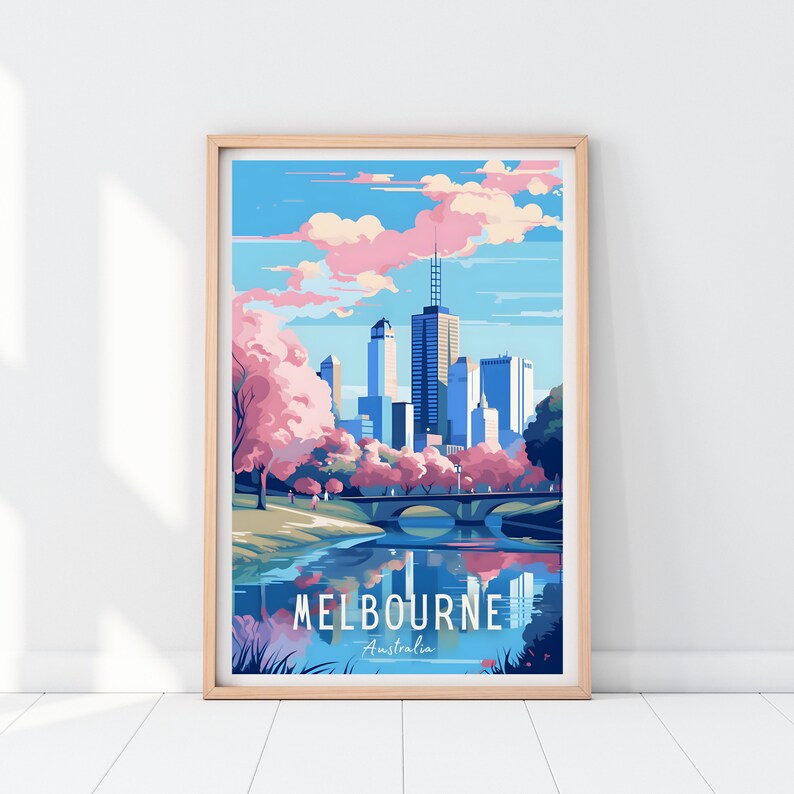 May include: A colorful illustration of the Melbourne skyline with a bridge and river in the foreground. The city is depicted with tall buildings and pink cherry blossom trees. The text "MELBOURNE" and "Australia" is at the bottom of the image.
