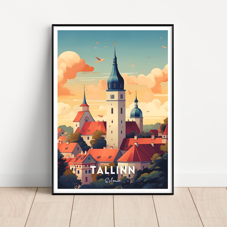 May include: A colorful illustration of the Tallinn skyline in Estonia. The image features a cluster of buildings with red roofs and tall spires, set against a backdrop of a sunset sky with fluffy clouds. The text "TALLINN Estonia" is displayed at the bottom of the image.
