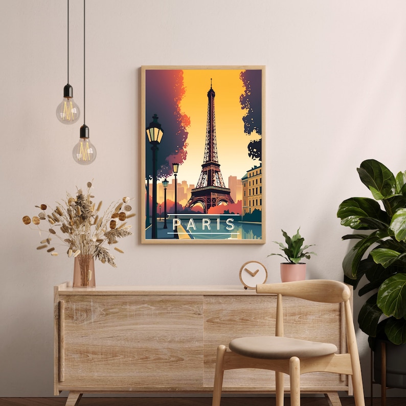 May include: A vintage-style poster featuring an illustration of the Eiffel Tower in Paris, France. The poster has a warm color palette with a sunset sky and a street scene in the foreground. The text "PARIS" is printed in white at the bottom of the poster.