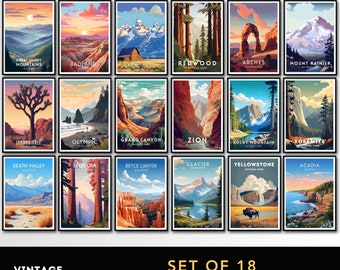 Conjunto de 18 carteles del Parque Nacional, conjunto de arte de la pared del Parque Nacional, conjunto de carteles del Parque Nacional de EE. UU., Descarga digital, conjunto de impresión del Parque Nacional
