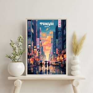 May include: A colorful illustration of a street scene in Tokyo, Japan. The image features a group of three people walking under umbrellas in the rain. The street is lined with buildings and shops with neon signs. The sky is a vibrant orange and pink.