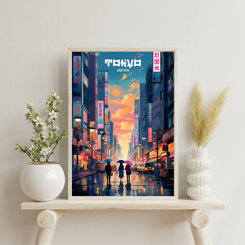 May include: A colorful illustration of a street scene in Tokyo, Japan. The image features a group of three people walking under umbrellas in the rain. The street is lined with buildings and shops with neon signs. The sky is a vibrant orange and pink.