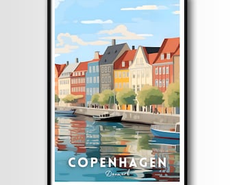 Póster de viaje de Copenhague, impresión de arte mural de Copenhague, póster de arte de viaje de Copenhague, descarga digital, arte mural de Copenhague imprimible