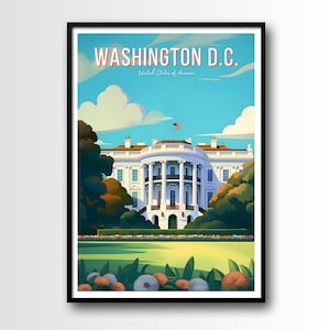 Puede incluir: Un cartel de viaje vintage con un edificio blanco con columnas y un césped verde. El texto "WASHINGTON D.C. United States of America" está en la parte superior del cartel.