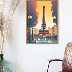 May include: A vintage-style poster featuring the Eiffel Tower in Paris, France. The poster has a yellow, orange, and blue color scheme and the text "PARIS" is printed at the bottom.