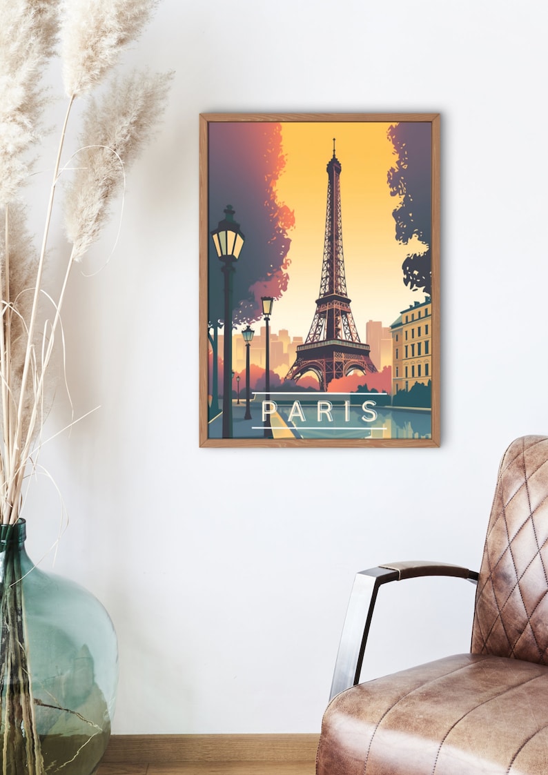 May include: A vintage-style poster featuring the Eiffel Tower in Paris, France. The poster has a yellow, orange, and blue color scheme and the text "PARIS" is printed at the bottom.