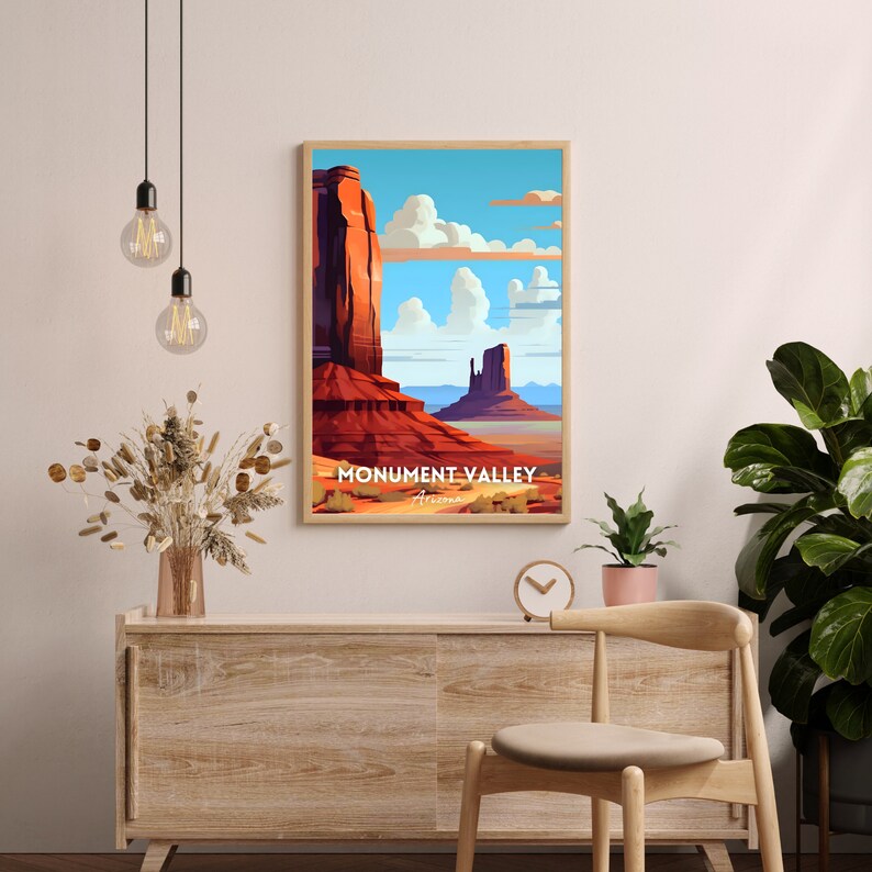 Pu&ograve; includere: Un poster incorniciato con un'illustrazione colorata di Monument Valley in Arizona. Il poster ha una cornice marrone chiaro e il testo "Monument Valley, Arizona" &egrave; stampato in basso.