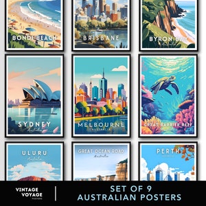 Conjunto de carteles de viajes de Australia, conjunto de arte mural de Australia, conjunto de carteles de Australia, descarga digital, conjunto de impresiones de viajes de Australia, póster de Sídney, regalo