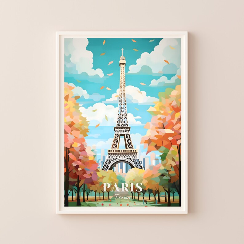 May include: A colorful illustration of the Eiffel Tower in Paris, France. The tower is surrounded by trees with fall foliage and a blue sky with white clouds. The text "PARIS France" is at the bottom of the image.