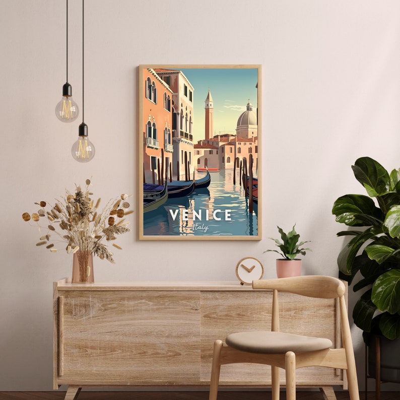 May include: A vintage travel poster featuring a colorful illustration of a canal in Venice, Italy. Gondolas are docked along the canal, with buildings lining the water's edge. The text "VENICE Italy" is printed at the bottom of the poster.