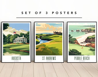 Golf Prints Set, Augusta, Pebble Beach, St Andrews, Golf course Posters, Golf Wall Art, Digital Download, golf course poster bundle