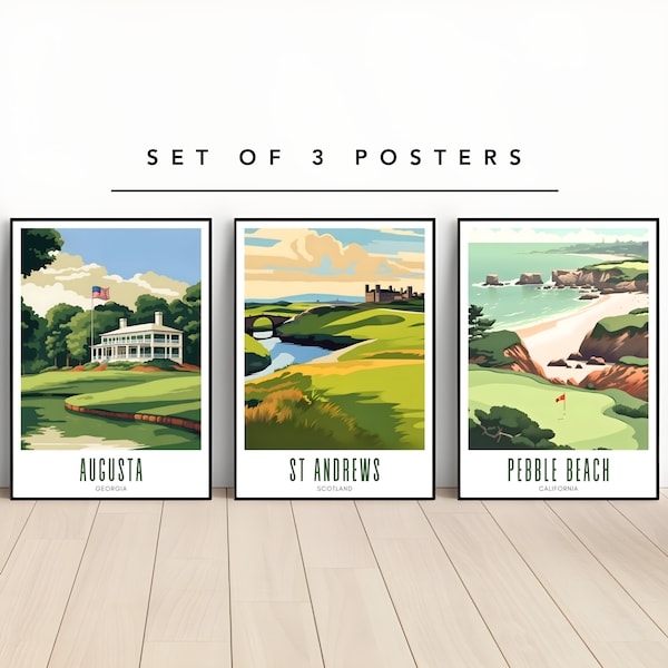 Golf Prints Set, Augusta, Pebble Beach, St Andrews, Golf course Posters, Golf Wall Art, Digital Download, golf course poster bundle