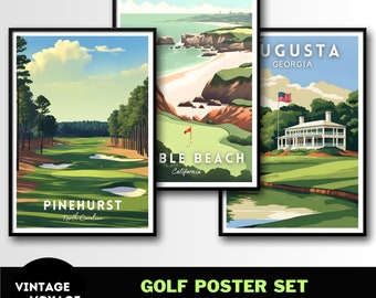 Golf Prints Set, Augusta, Pebble Beach, Pinehurst, Golf course Posters, Golf Wall Art, Digital Download, golf course poster bundle