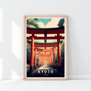 May include: A vintage travel poster with a vibrant illustration of a red torii gate in Kyoto, Japan. The poster features a bright blue sky with white clouds and green trees. The text "KYOTO JAPAN" is printed at the bottom of the poster.