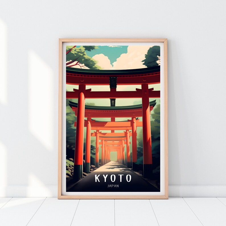 May include: A vintage travel poster with a vibrant illustration of a red torii gate in Kyoto, Japan. The poster features a bright blue sky with white clouds and green trees. The text "KYOTO JAPAN" is printed at the bottom of the poster.
