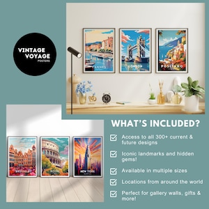 May include: A collection of vintage travel posters featuring iconic landmarks from around the world, including Cannes, London, Positano, Brussels, Rome, and New York City. The posters are in a retro style with bright colors and bold typography. The text "Vintage Voyage Posters" is displayed at the top of the image.