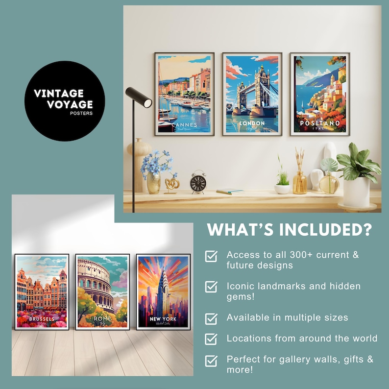 May include: A collection of vintage travel posters featuring iconic landmarks from around the world, including Cannes, London, Positano, Brussels, Rome, and New York City. The posters are in a retro style with bright colors and bold typography. The text "Vintage Voyage Posters" is displayed at the top of the image.