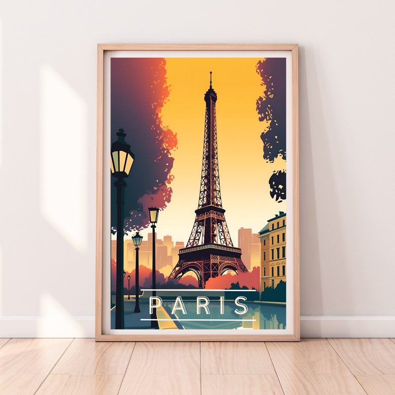 May include: A vintage-style illustration of the Eiffel Tower in Paris, France. The tower is depicted in a warm orange and yellow color palette, with a sunset sky in the background. The image includes streetlights and trees, creating a romantic and nostalgic atmosphere. The text "PARIS" is displayed at the bottom of the image.