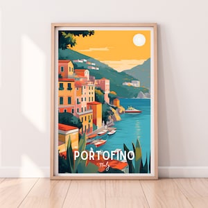 Op de afbeelding: Een kleurrijke illustratie van de Italiaanse stad Portofino, met gebouwen op een heuvel met uitzicht op een blauwe baai. De tekst "PORTOFINO Italy" staat onderaan de afbeelding.