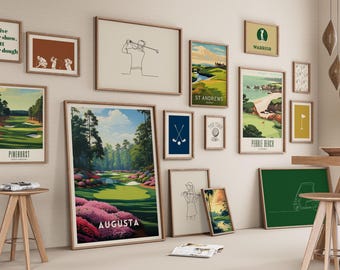 Golf gallery set of 15, Augusta, Pebble Beach, Pinehurst, Golf course Posters, Golf Wall Art, golf course poster bundle, Gift, Sawgrass