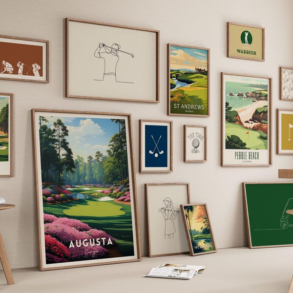 Affischset för golfbanor, Augusta, Pebble Beach, St Andrews (nedladdning direkt)