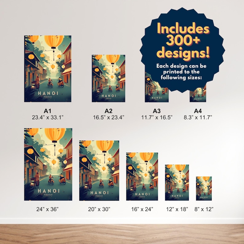 May include: A poster design featuring a colorful illustration of a street scene in Hanoi, Vietnam. The poster is available in 10 different sizes, ranging from 8 inches by 12 inches to 24 inches by 36 inches. The poster includes the text "Hanoi" and "Vietnam".