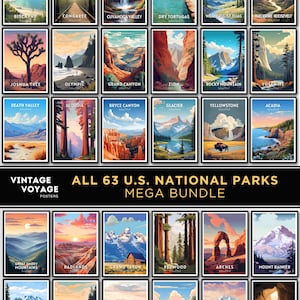 May include: A collage of 63 vintage-style posters featuring images of different US National Parks. The posters are arranged in a grid with the text "ALL 63 U.S. NATIONAL PARKS MEGA BUNDLE" at the bottom.