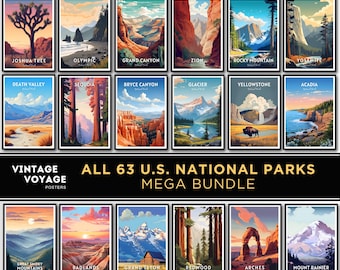 May include: A collage of 63 vintage-style posters featuring images of different US National Parks. The posters are arranged in a grid with the text "ALL 63 U.S. NATIONAL PARKS MEGA BUNDLE" at the bottom.