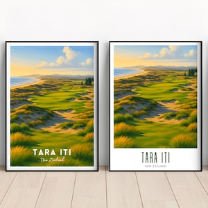May include: Two framed landscape prints of a golf course by the ocean. The prints feature a green golf course, sand dunes, and a blue ocean under a blue sky. The text "TARA ITI New Zealand" is at the bottom of each print.