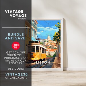 May include: A vintage travel poster featuring a yellow tram travelling up a hill in Lisbon, Portugal. The poster has a blue sky with white clouds and a cityscape in the background. The text "LISBON Portugal" is at the bottom of the poster.