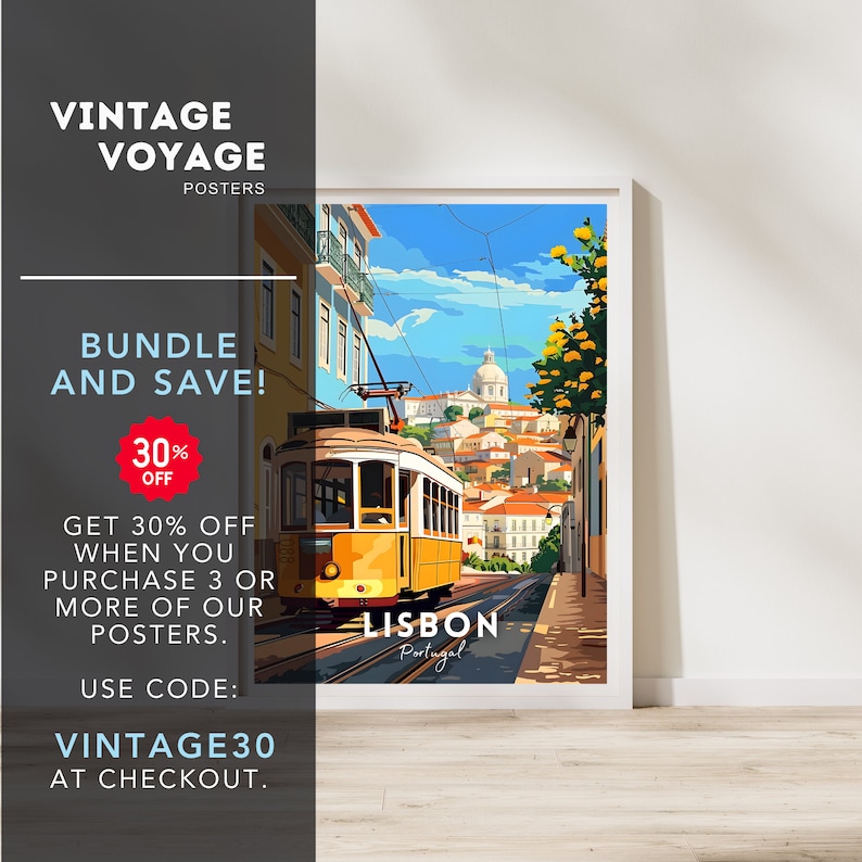 May include: A vintage travel poster featuring a yellow tram travelling up a hill in Lisbon, Portugal. The poster has a blue sky with white clouds and a cityscape in the background. The text "LISBON Portugal" is at the bottom of the poster.
