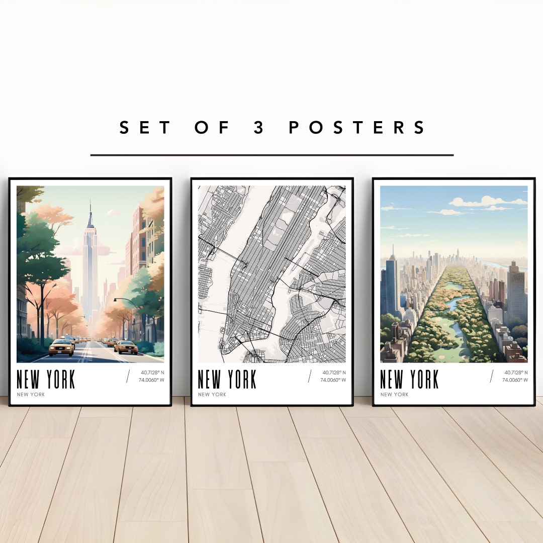 New York Poster Set, New York Wall Art, Map of New York, Digital